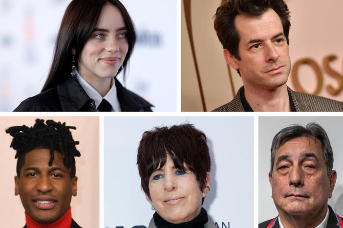 The songwriters who could take home the Best Song Oscar include (clockwise from upper left) Billie Eilish, Mark Ronson, Scott George, Diane Warren and Jon Batiste).
