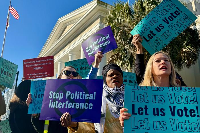 Abortion access advocates are chanting and waiving signs outside the Florida Supreme Court. Inside, justices have just heard arguments on the ballot language for a proposed state constitutional amendment that would protect abortion access up to the point of viability.
