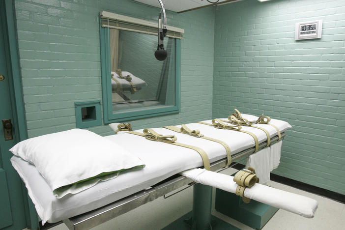 A file photo from 2008 shows a gurney in Huntsville, Texas, where inmates received lethal injections of drugs. Eight people were executed in Texas in 2023. The state policies mention a "drug team," who are not employees of the Texas Department of Criminal Justice.