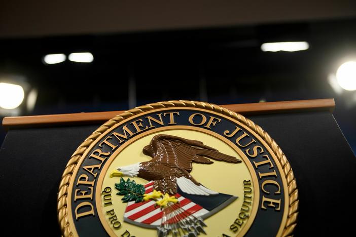 A view of a lectern at the Department of Justice in Washington, D.C., on April 18, 2019. A retired U.S. Army officer has been accused accused of leaking classified national defense information related to the Russia-Ukraine war on a foreign dating website.