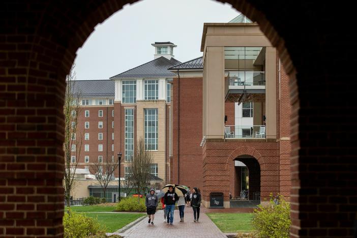 Students walk across Liberty University's campus in Lynchburg, Va.