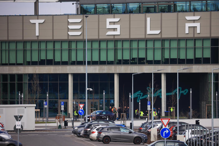 The Tesla Inc. Gigafactory in Grünheide, Germany, on Tuesday. The company halted production at its factory outside of Berlin and sent workers home after suspected arson at a nearby high-voltage pylon caused power failures throughout the region.