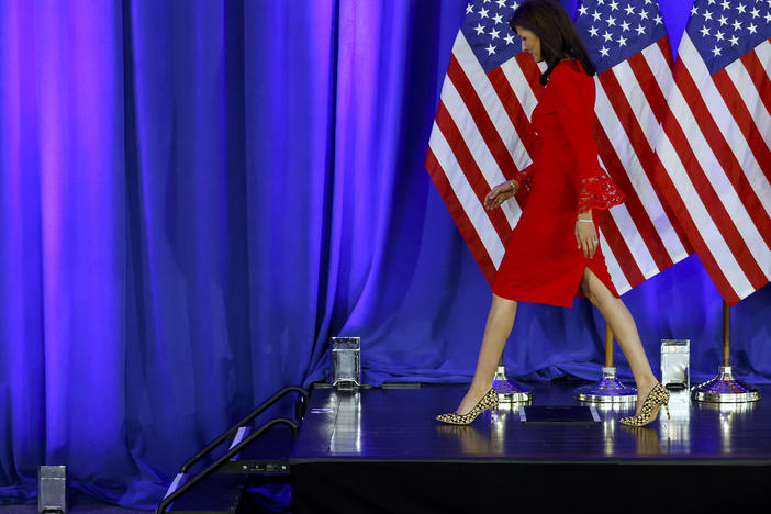 Republican presidential candidate and former U.N. Ambassador Nikki Haley walks off stage after announcing the suspension of her presidential campaign at her campaign headquarters on Daniel Island, South Carolina. Haley's announcement comes after losing all GOP primaries except Vermont on Super Tuesday.