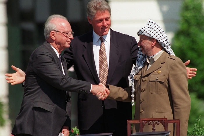 U.S. President Bill Clinton presides over the 1993 peace accords signed at the White House by Israeli Prime Minister Yitzhak Rabin (left) and Palestinian leader Yasser Arafat. The aim was a negotiated deal ending decades of conflict between the two sides. But no agreement was reached. Today there's talk about recognizing a Palestinian state first and then negotiating the details afterward.