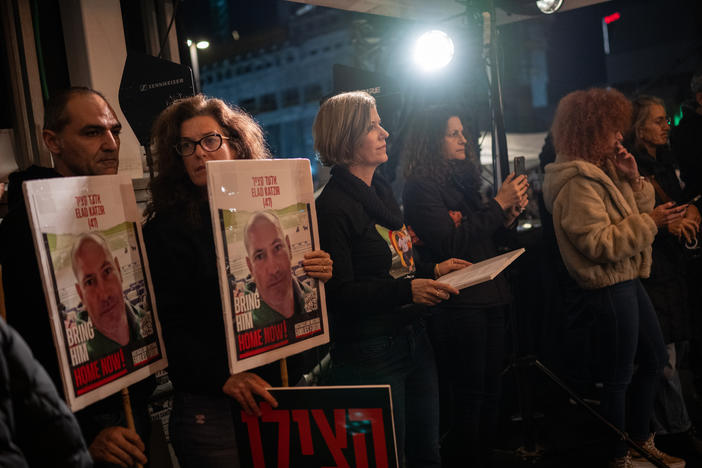 Carmit Palty Katzir prepares to speak at a weekly rally in Tel Aviv, Israel, calling for the immediate release of the hostages being held in Gaza, Feb. 17.