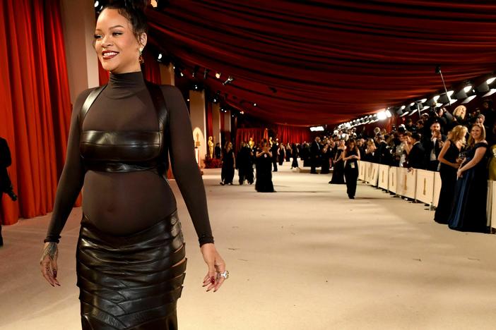 From left: Rihanna, the 2023 Academy Awards "red" carpet.