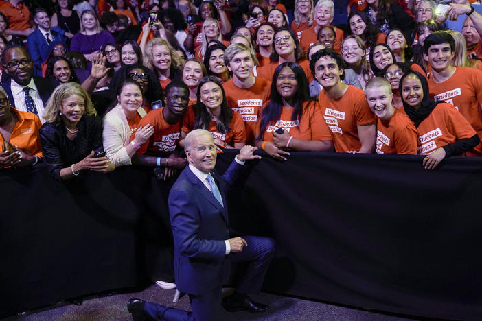 In this file photo, President Biden poses for a photo with the Students Demand Action group after speaking at the National Safer Communities Summit at the University of Hartford in West Hartford, Conn., June 16, 2023. Young voters could be key to Biden's reelection prospects as he campaigns for a second term.