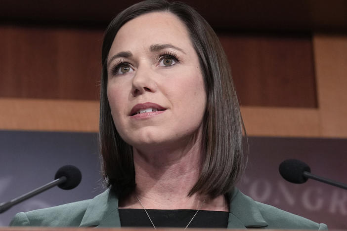 Sen. Katie Britt, R-Ala., speaks during a news conference on the border on Feb. 15, 2023, on Capitol Hill in Washington. Britt delivered the Republican response to President Biden's State of the Union address on Thursday.