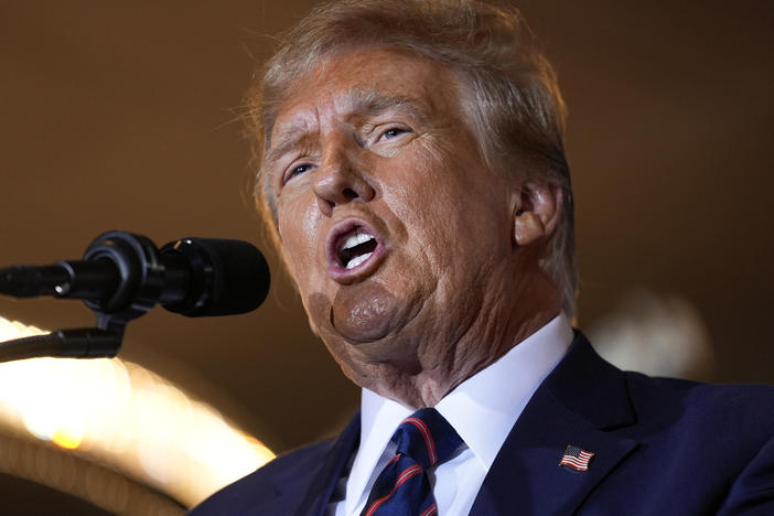 Republican former President Donald Trump speaks at a primary election night party in January in Nashua, N.H.