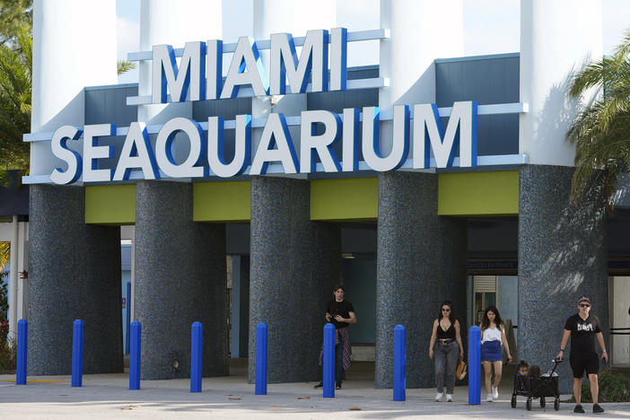 Visitors exit the Miami Seaquarium, Thursday, March 7, 2024, in Key Biscayne, Fla.