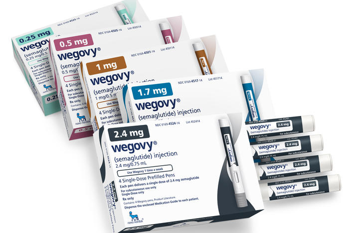 This image provided by Novo Nordisk in January 2023 shows packaging for the company's Wegovy medication. The popular weight-loss drug can now be used to reduce the risk of stroke, heart attacks and other serious cardiovascular problems in patients who are overweight or who have obesity, the Food and Drug Administration said Friday.