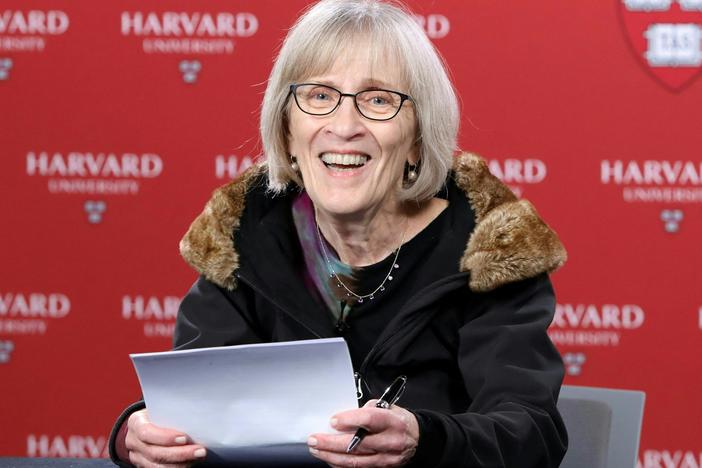 Economist Claudia Goldin, who was awarded the Nobel Prize in economics, talks to the press at Harvard University in Cambridge, Mass., on Oct. 9, 2023.