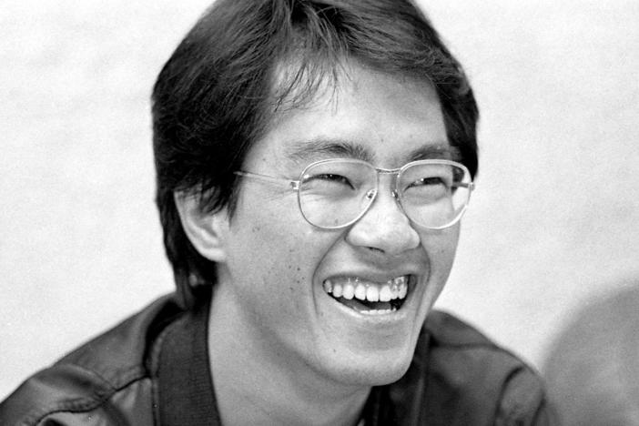 This black and white photo taken in May 1982 shows Japanese manga artist Akira Toriyama, whose death was announced on March 8, 2024.