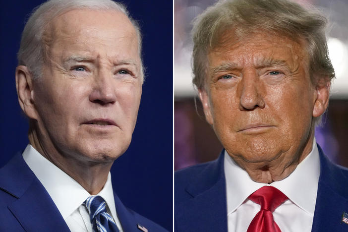 In this combination of photos, President Joe Biden, left, speaks on Aug. 10, 2023, in Salt Lake City, and former President Donald Trump speaks on June 13, 2023, in Bedminster, N.J.