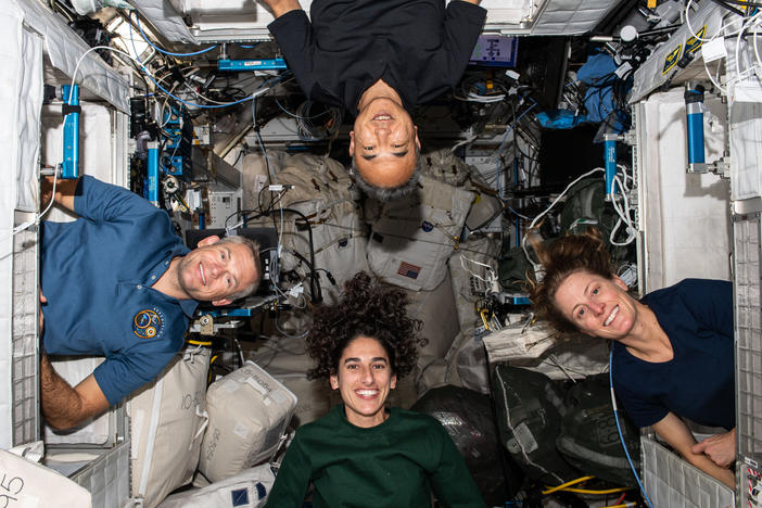 The four members of NASA's Crew-7 mission pose for a portrait inside their crew quarters on the International Space Station. Clockwise from bottom are, astronauts Jasmin Moghbeli, Andreas Mogensen, Satoshi Furukawa, and Loral O'Hara. The SpaceX Crew Dragon capsule splashed down at 5:48 a.m. ET on Tuesday, March 12, 2024 to end a six-month mission.