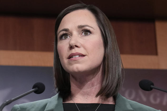 Sen. Katie Britt, R-Ala.,, speaks during a news conference on the border, Feb. 15, 2023, on Capitol Hill. Britt gave the Republican response to President Joe Biden's State of the Union address this past Thursday.