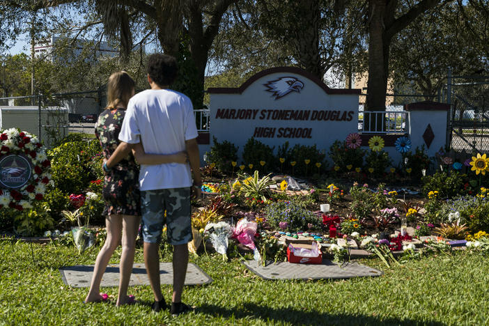 The memorial at Marjory Stoneman Douglas High School in Parkland, Fla., on Feb. 14, 2023. Five years earlier, 14 students and 3 staff members were killed in a mass shooting at the school.