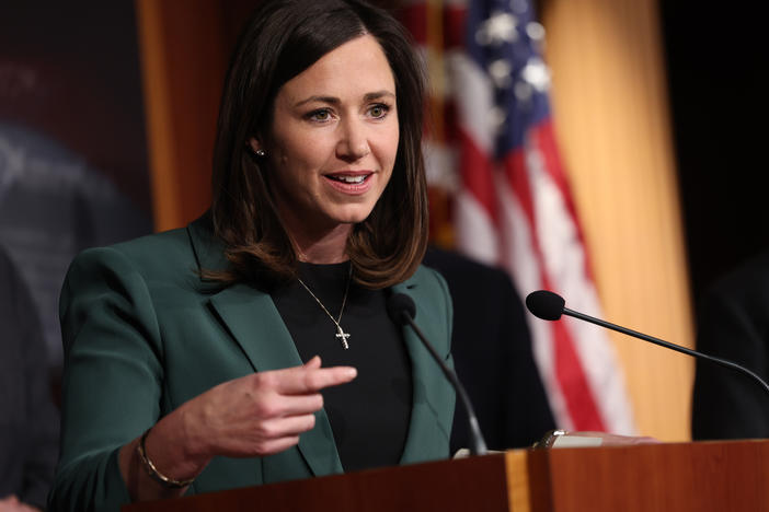 Alabama Sen. Katie Britt speaks at a press conference at the U.S. Capitol on December 7, 2023. Britt delivered the Republican response to President Biden's State of the Union address on Thursday.