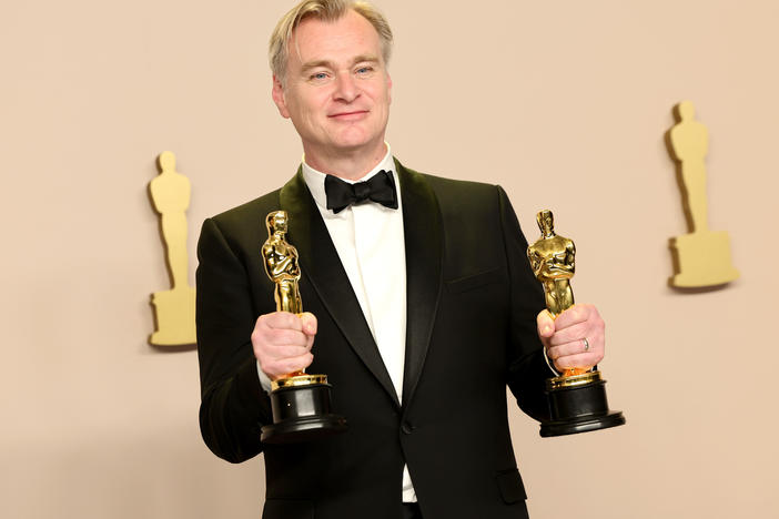 Christopher Nolan, winner of the best directing award and the best picture award for<em> Oppenheimer</em> poses in the press room during the 96th Annual Academy Awards.