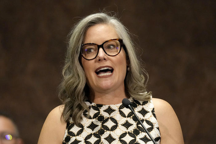 Arizona Democratic Gov. Katie Hobbs speaks to the state Legislature as she delivers the State of the State address in Phoenix, Jan. 8, 2024.