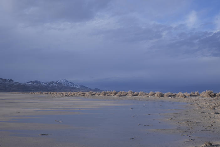 Receding water in Utah's Great Salt Lake is seen on March 5. Environmentalists are suing the state to force water cutbacks to farmers to save the Great Salt Lake.