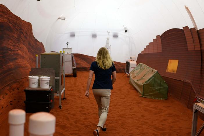 Inside a simulated Mars exterior portion of the CHAPEA's Mars Dune Alpha at the Johnson Space center in Houston, Texas in April 2023.