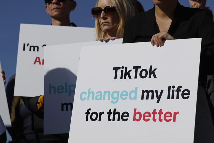 Participants hold signs in support of TikTok at a news conference outside the U.S. Capitol on March 12, 2024, in Washington, D.C. House Democrats and TikTok creators and business owners held the news conference to express concerns over House GOP legislation that would force the owners of the popular Chinese social media app to sell the platform or face a ban in the U.S.