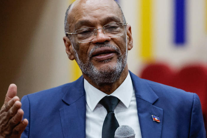 Haitian Prime Minister Ariel Henry, speaks to students during a public lecture on bilateral engagement between Kenya and Haiti, at the United States International University (USIU) Africa, in Nairobi on March 1, 2024.