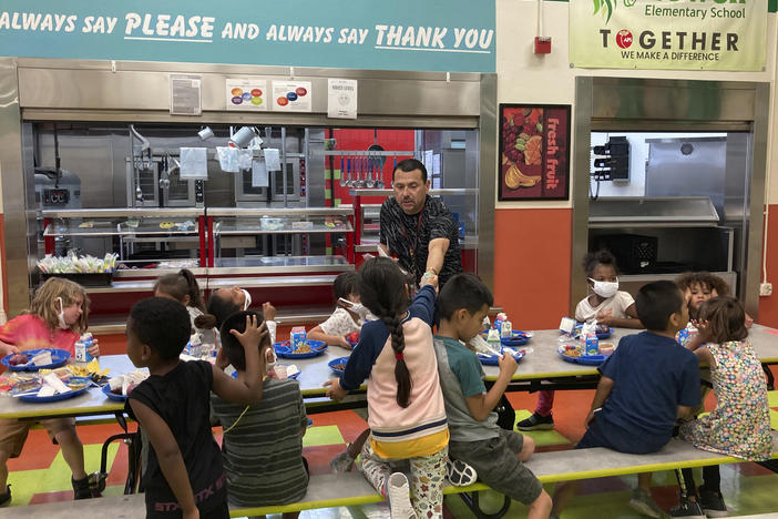 Students finish their lunch at Lowell Elementary School in Albuquerque, N.M., on Aug. 22, 2023. A legislative proposal would ban six artificial food dyes in California schools.