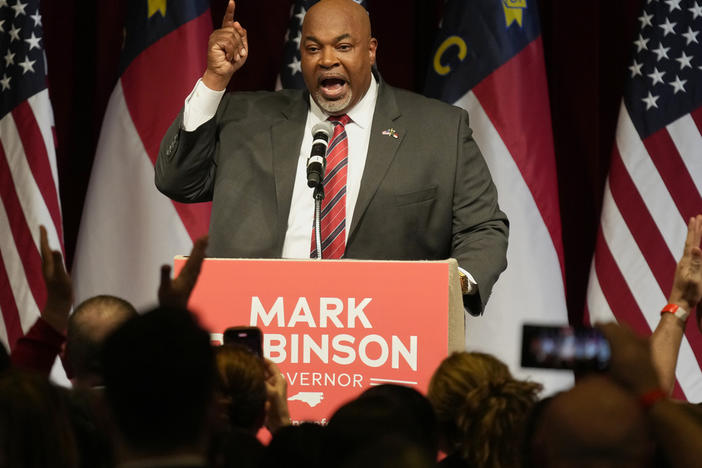 North Carolina Lt. Gov. Mark Robinson, Republican candidate for governor, speaks at an election night event in Greensboro, N.C., Tuesday, March 5, 2024.