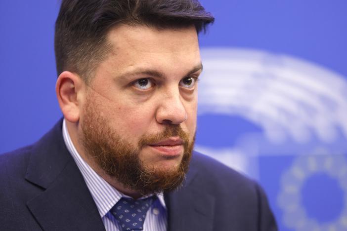 Russia's Leonid Volkov, Chief of staff for the 2018 presidential election for Alexei Navalny's campaign, looks on, at the European Parliament in Strasbourg, eastern France, Dec. 15, 2021.