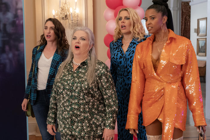 Sara Bareilles, Paula Pell, Busy Philipps, and Renee Elise Goldsberry in a season three episode of <em>Girls5eva</em>.