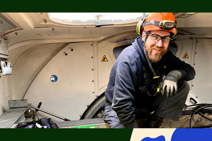 Technician Konnor Therriault inside of a Vestas wind turbine in Bingham, Maine.