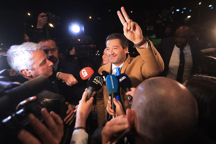 Chega leader André Ventura reacts as he arrives at Marriot Hotel, CHEGA's electoral night headquarters, in Lisbon on March 10, 2024.