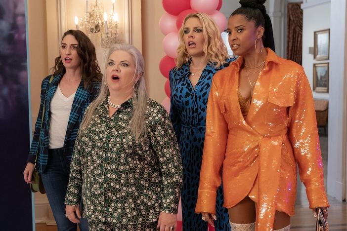 Sara Bareilles, left, Paula Pell, Busy Philipps and Renée Elise Goldsberry in <em>Girls5eva</em> Season 3.