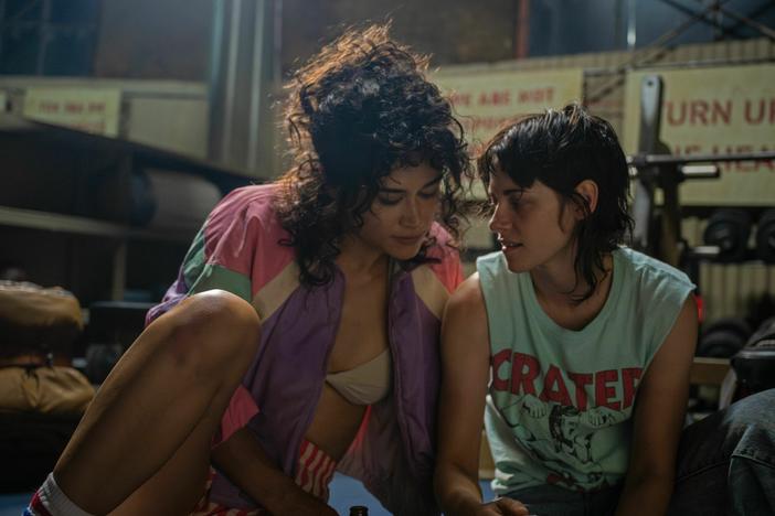 Katy O'Brian and Kristen Stewart in <em>Love Lies Bleeding</em>.