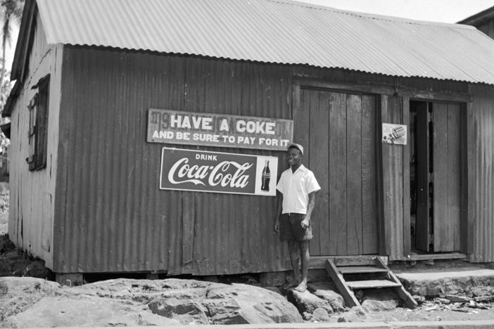 A store in Monrovia, Liberia, advertises Coca-Cola. The photo is from circa 1947.