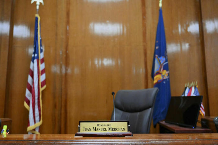 A general view shows Judge Juan Manuel Merchan's courtroom at Manhattan Criminal Court in New York City on Tuesday. Former  President Donald Trump will become the first former U.S. president to face criminal trial when jury selection begins.