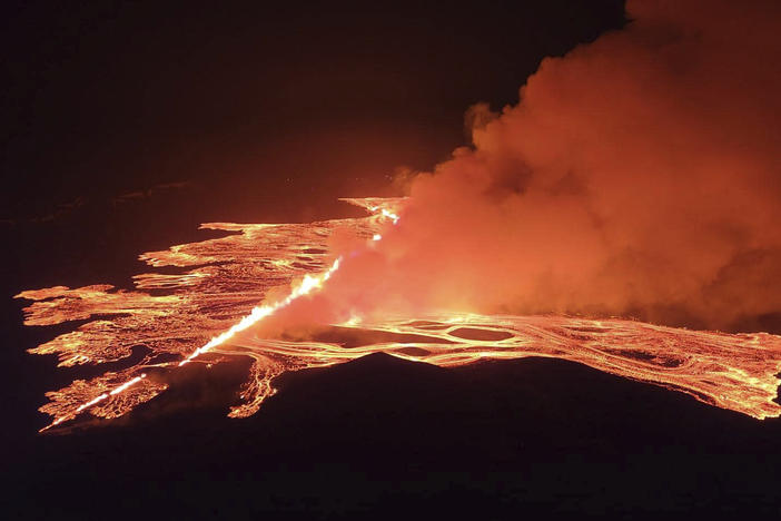 This image from video provided by Iceland Civil Defense shows lava erupting from a volcano between Hagafell and Stóri-Skógfell, Iceland, on on Saturday, March 16, 2024.