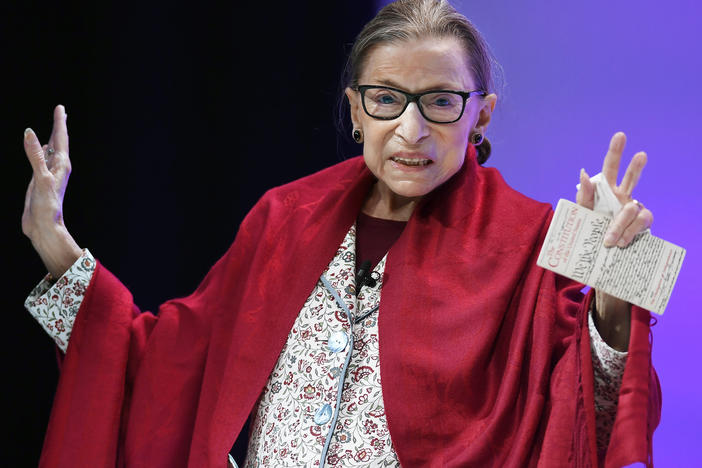 In this Oct. 3, 2019 file photo, Supreme Court Justice Ruth Bader Ginsburg gestures to students before she speaks at Amherst College in Amherst, Mass., on Oct. 3, 2019. Ginsburg is being remembered during ceremonies at the Supreme Court on Friday, March 17, 2023.
