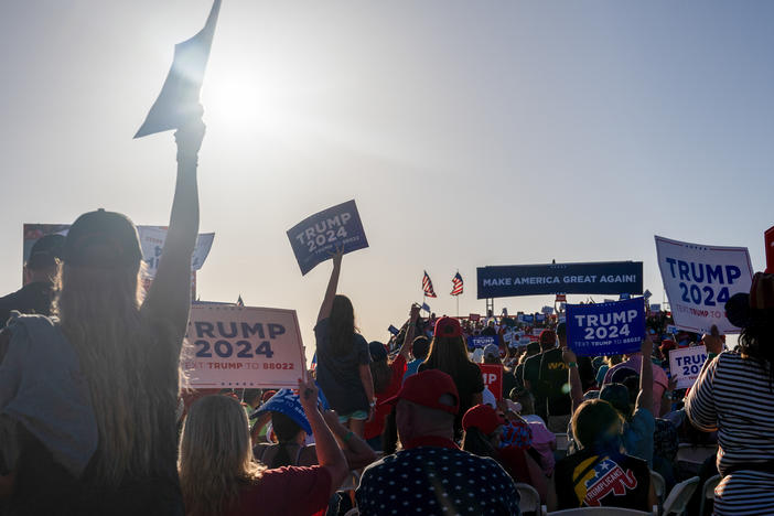 Supporters cheer as former President Donald Trump speaks at the Waco Regional Airport last spring in Waco, Texas.