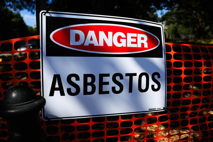An asbestos warning sign is seen at Victoria Park in in Sydney, Australia on February 29, 2024.
