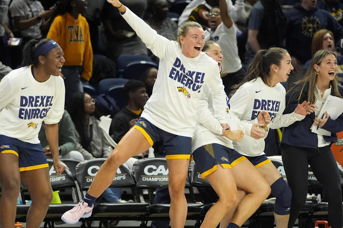 Members of the Drexel team celebrate during a game against Stony Brook in the championship of the Colonial Athletic Association conference women's tournament, Sunday, March 17, 2024. Drexel won and qualified for the NCAA women's basketball tournament - and will now face No. 1 bracket seed Texas.