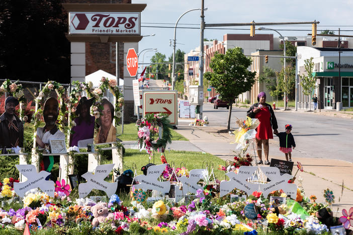 A memorial to the 10 victims of the racist shooting at a Tops grocery store in Buffalo. Two tech companies must face a lawsuit alleging that their algorithms played a role in radicalizing the shooter, a judge ruled Monday.