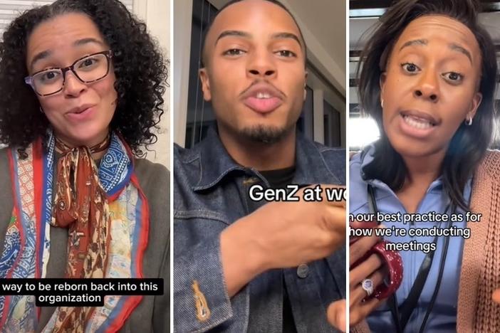 (From left) Nicole Daniels, DeAndre Brown and Lisa Beasley take a sharp and often satirical look at modern office culture, sharing their videos on TikTok where these screenshots were taken.