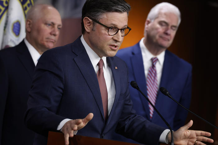 House Speaker Mike Johnson speaks during a news conference with Majority Leader Steve Scalise and Majority Whip Tom Emmer following a closed-door caucus meeting on March 20. Congressional leaders announced they reached a deal on a FY2024 spending package.