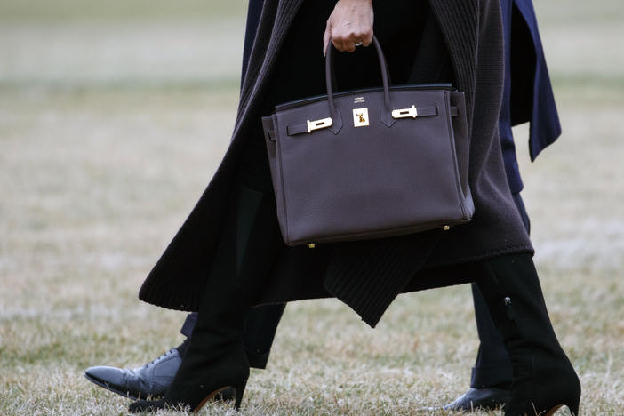 Former first lady Melania Trump is seen toting a Hermes handbag while walking across the South Lawn of the White House in 2019.