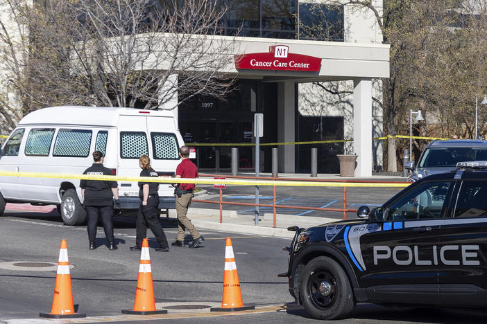 A police vehicle is parked outside Saint Alphonsus Regional Medical Center in Boise, Idaho, on Wednesday, March 20, 2024.