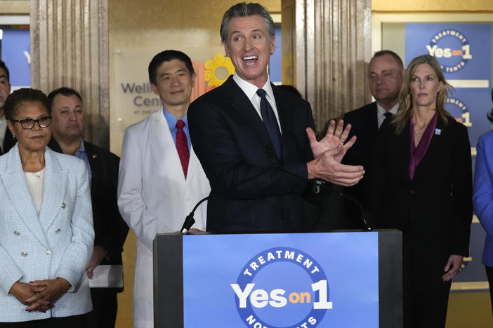 California Gov. Gavin Newsom speaks in support of Proposition 1, a $6.38 billion bond ballot measure, during a news conference at the Los Angeles General Medical Center in Los Angeles, Wednesday, Jan. 3, 2024.