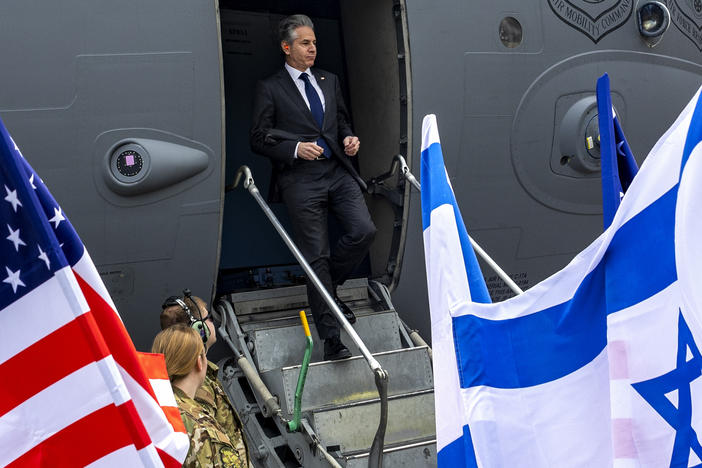 U.S. Secretary of State Antony Blinken arrives in Tel Aviv, Israel, on Friday.